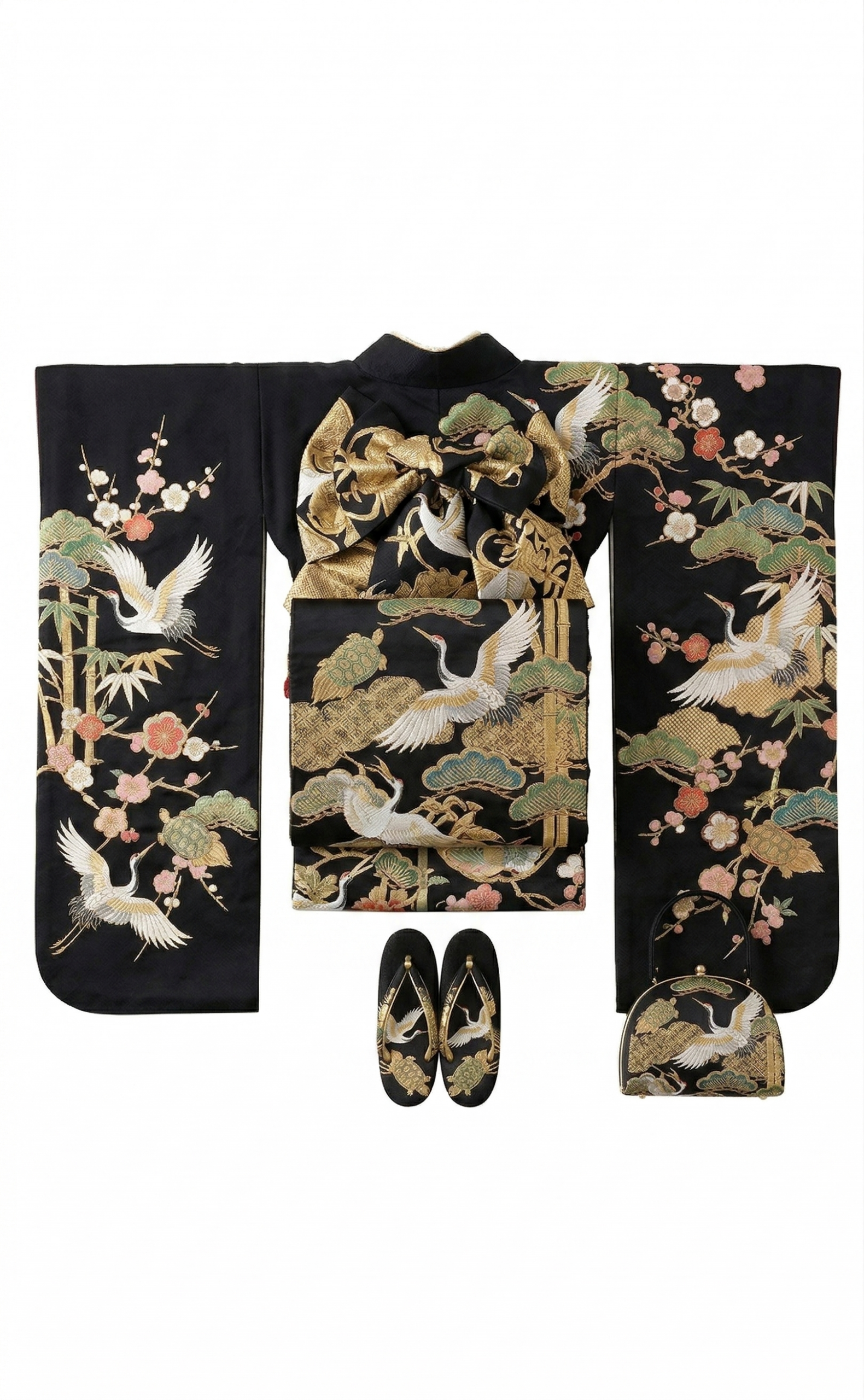 正絹 振袖 黒地 鶴亀松竹梅文 未詳の買取実績