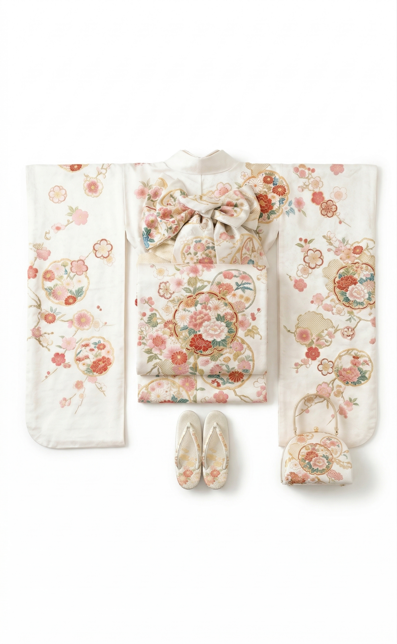 未詳 正絹 振袖 白地 花丸文 帯セットの買取実績