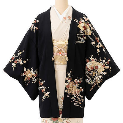 羽織 黒地 刺繍入り 正絹